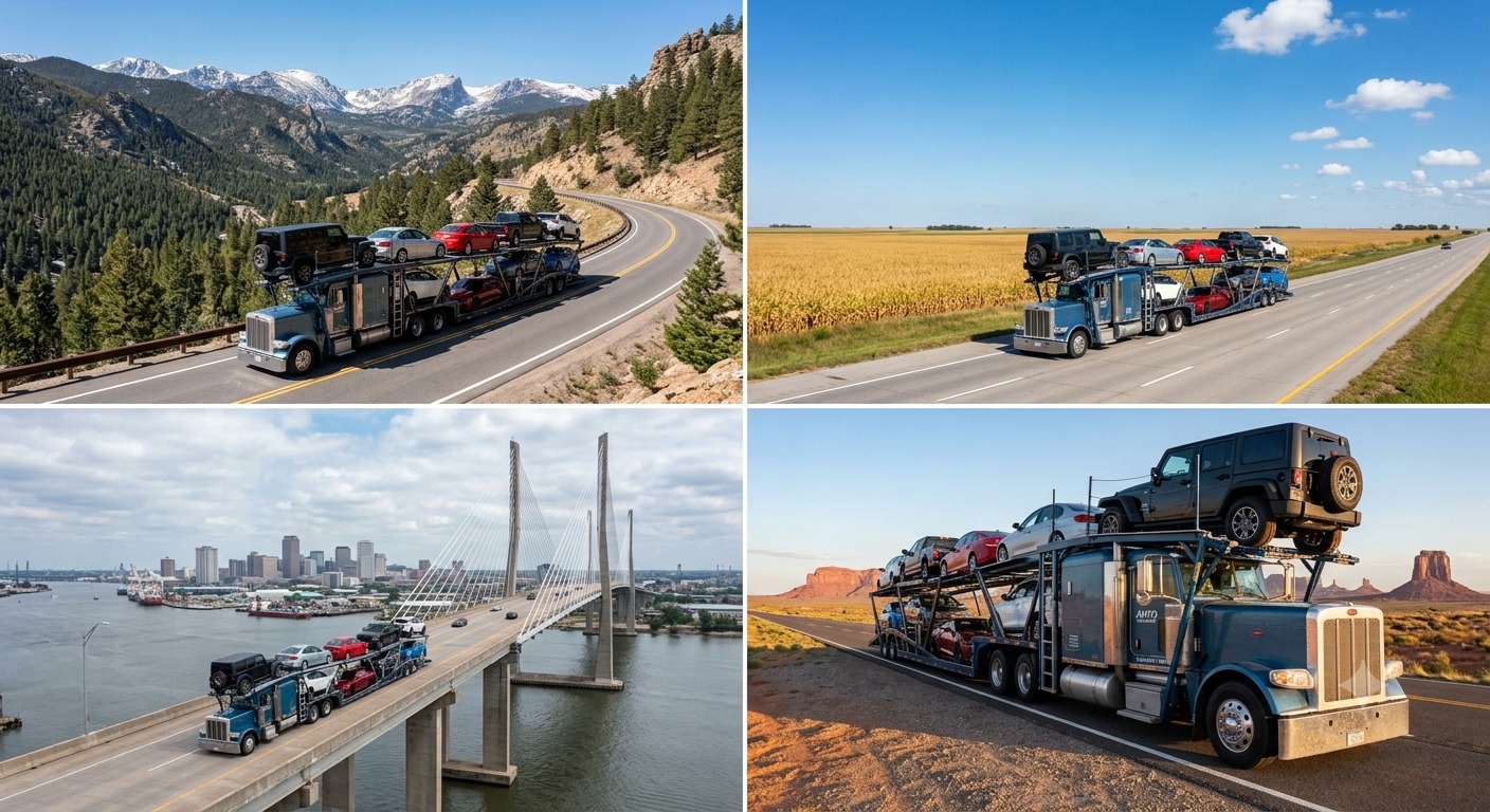 9-car open auto transport hauler fully loaded with vehicles