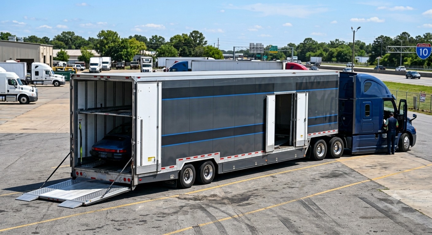 Open car hauler truck fully loaded with vehicles ready for transport