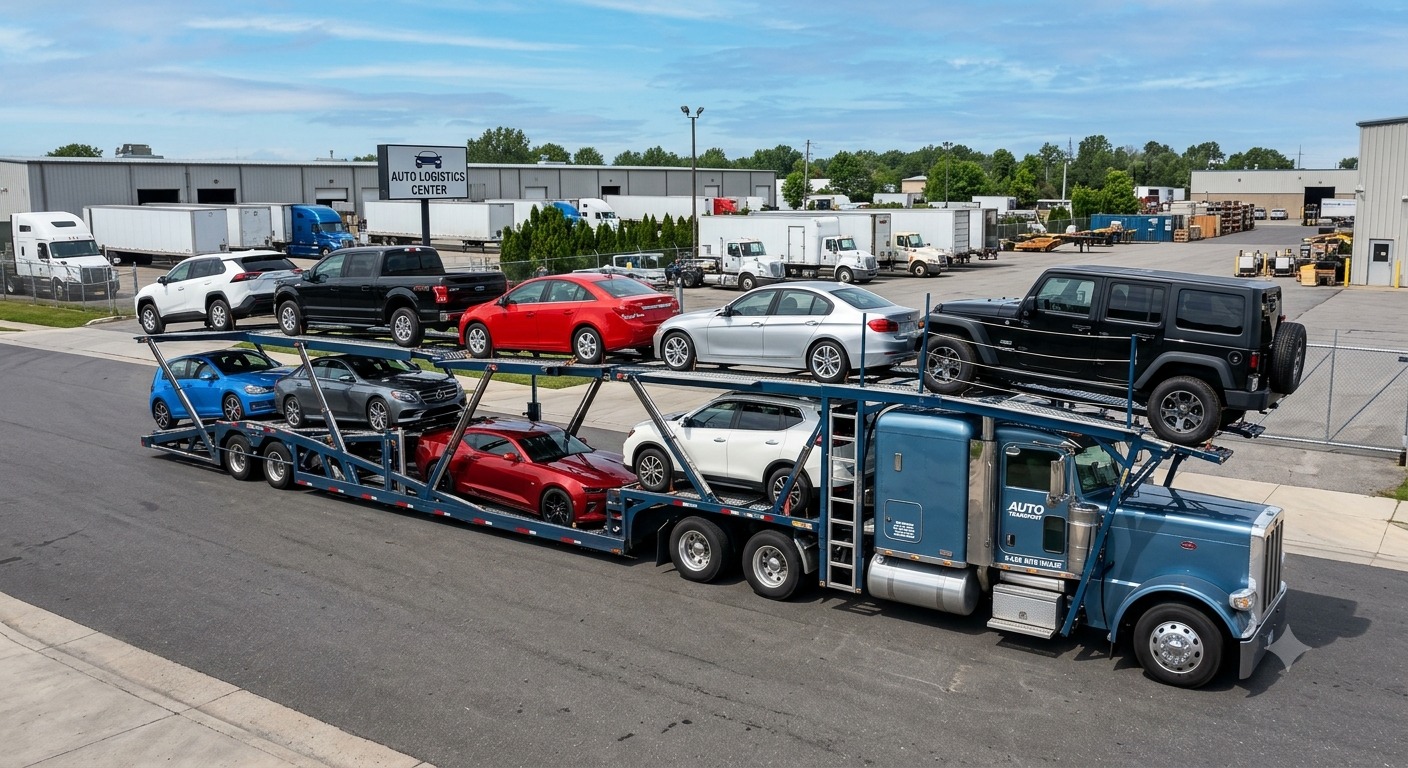 Open auto transport hauler fully loaded on desert highway
