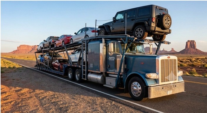 Open car hauler carrying sedans and an SUV past Monument Valley on an Arizona interstate