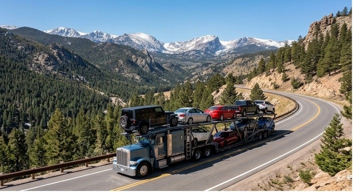 Multi-car open hauler climbing a mountain pass road with pine forest and snow-capped peaks in California