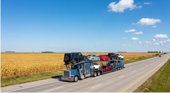 Multi-car open hauler traveling past Illinois farmland on an interstate highway