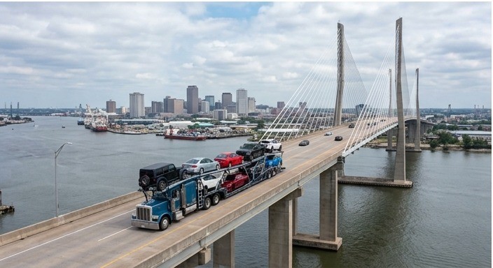 Auto transport hauler crossing a cable-stay bridge with a city skyline in the background near New York